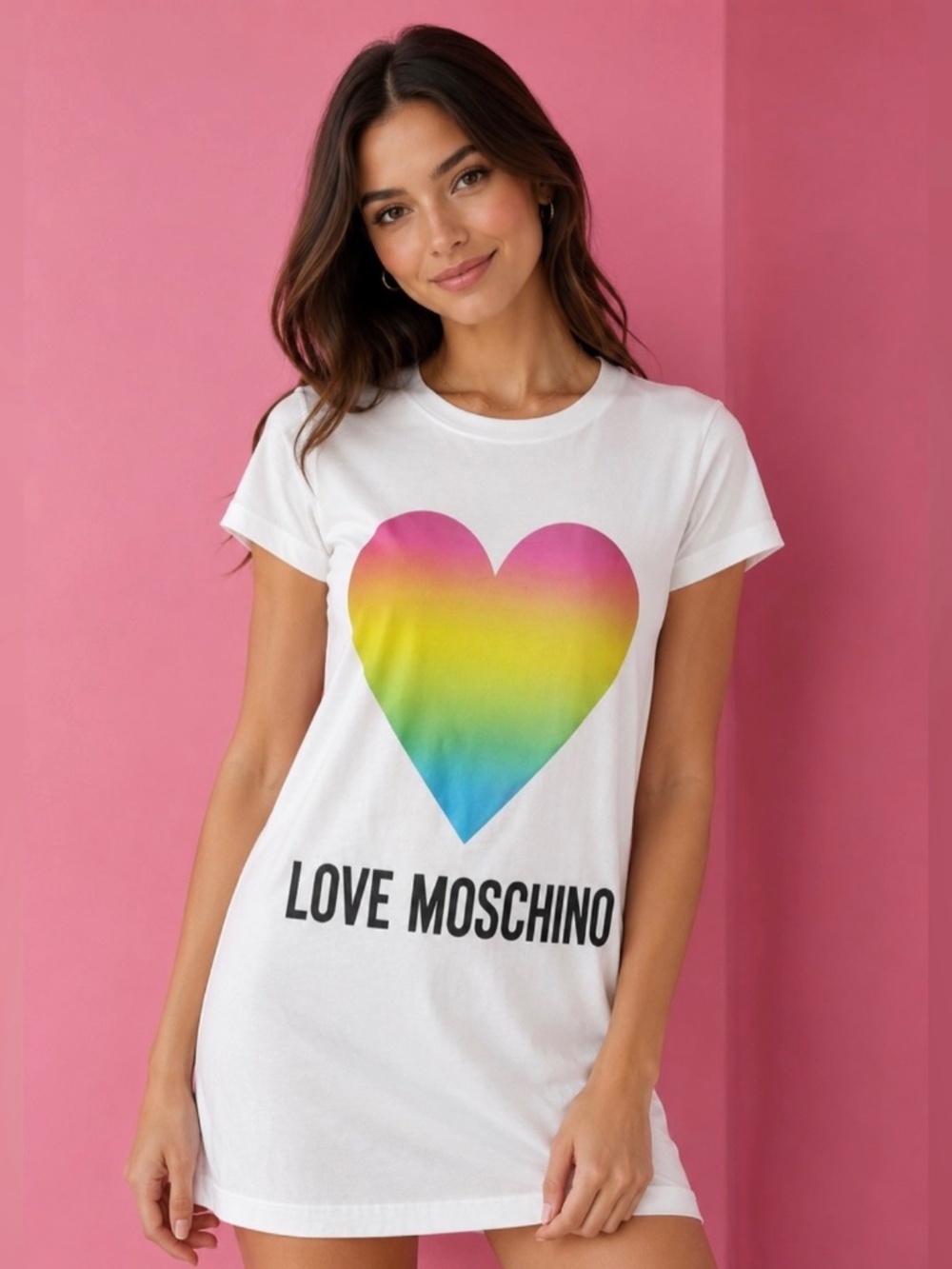 Love Moschino Holographic Heart S/S Tshirt Dress in White Size 4